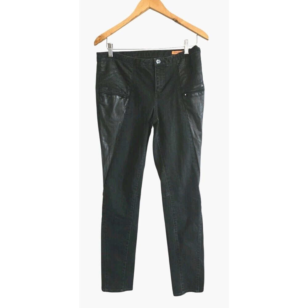 Tory Burch Black On Black Denim Leather Trim Skinny  Ankle Pocket Zip Size 30
